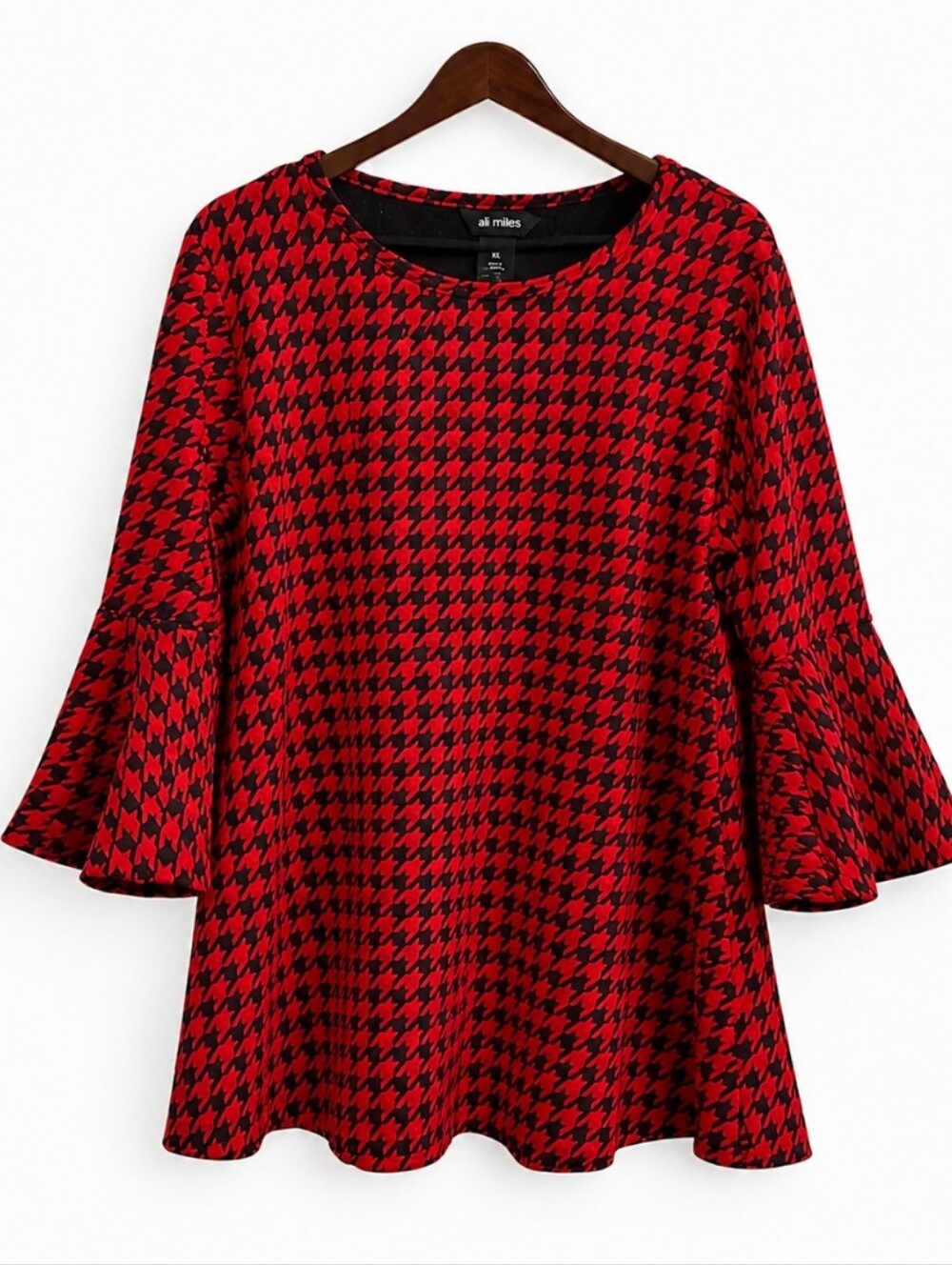 Ali Miles Red Black Herringbone Pattern Tunic Sweater With Bell Sleeves Sz XL